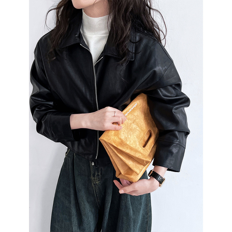 cool handsome high sense ~ lapel leather coat women's spring and autumn Hong Kong style PU leather jacket motorcycle top trendy 9595