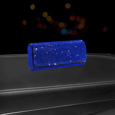 Car-Mounted Diamond-Encrusted Glasses Case, Full: Car Glasses Clip/Bill Clip - blue-diamond