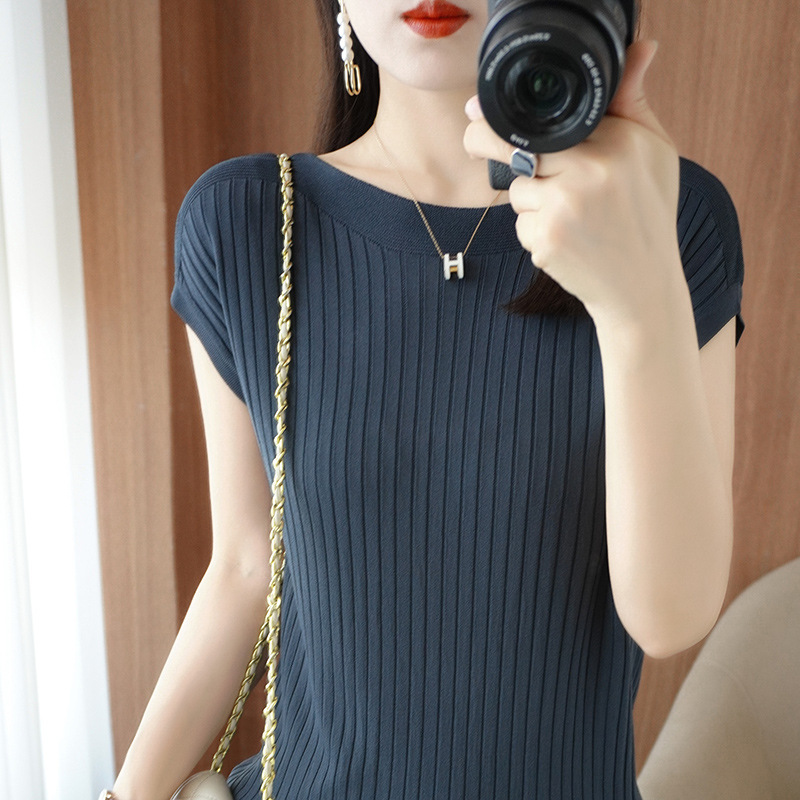 Women's Ice Silk Knitted Short-sleeved Women's Summer Quzhu Thin Short Solid Color Outer Wear Half-sleeved Top Loose T-shirt
