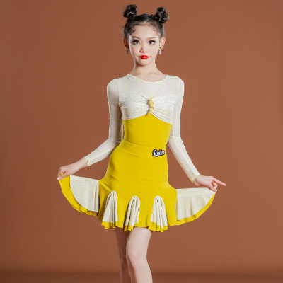 Yellow Girls latin dance dresses performance costumes children practise training clothing ballroom Latin dance exercise clothing of the girls