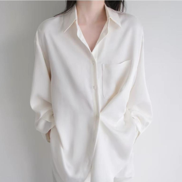 Pearl Rice/Black Crinkled Matte Satin Asymmetrical Design Boyfriend-Style Long-Sleeve Shirt