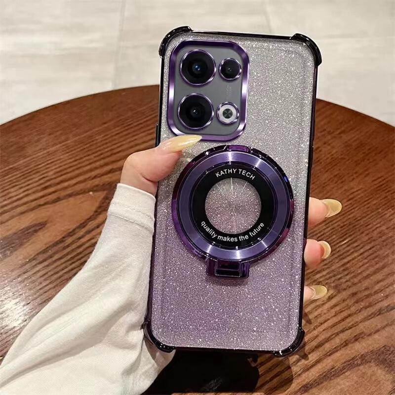 Suitable for Opporeno13 Glitter Phone Case with Cd Pattern Magnetic Stand Electroplated Transparent Case with Lens Film Wholesale Case