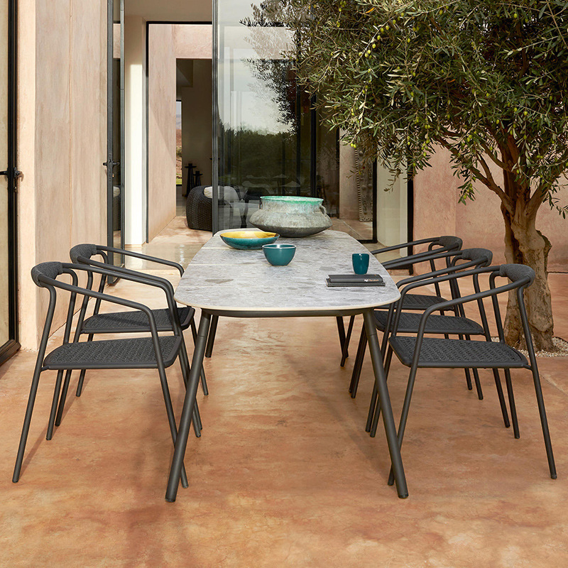 Mesas y sillas de teca para exteriores, muebles de ratán resistentes a la lluvia y al sol para patio, conjunto de mesa larga de madera maciza para ocio en jardín o balcón. image 4