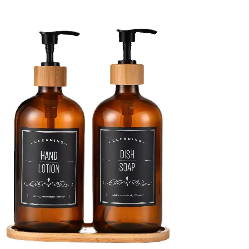 Bomba de desinfectante de manos Amazon Glass Boston botella de dispensador de jabón con tapa de madera en blanco y negro botella de champú 500ml