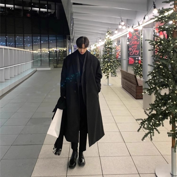 2024 Autumn Men's Korean Style Mid-Length Wool Coat, British Style, Double-Sided Cashmere Coat, Thick Textured Wool Jacket