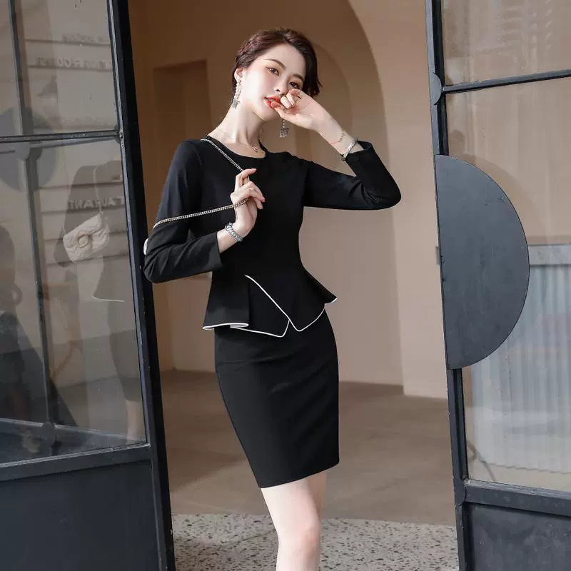 职业长袖连衣裙秋冬装新款假两件包臀裙气质售楼部师工作服