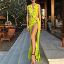 2025欧美女装春季亚马逊新款性感镂空结开衩V领褶皱不规则连衣裙