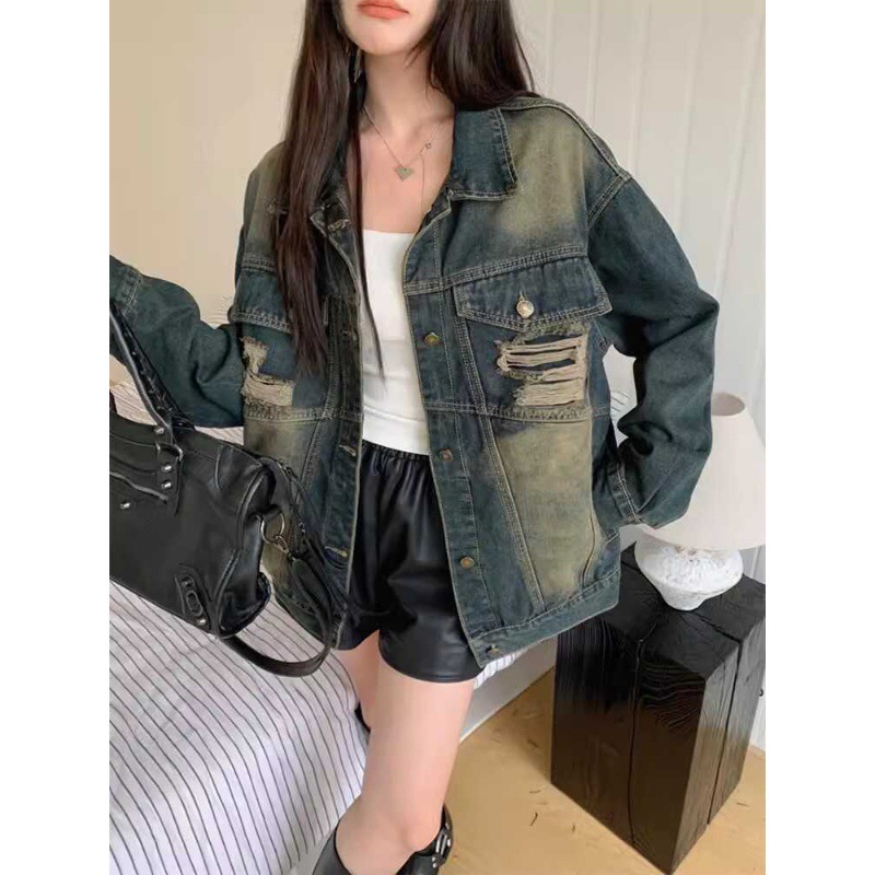 美式复古水洗做旧牛仔外套女春秋新款设计感小众宽松百搭夹克上衣