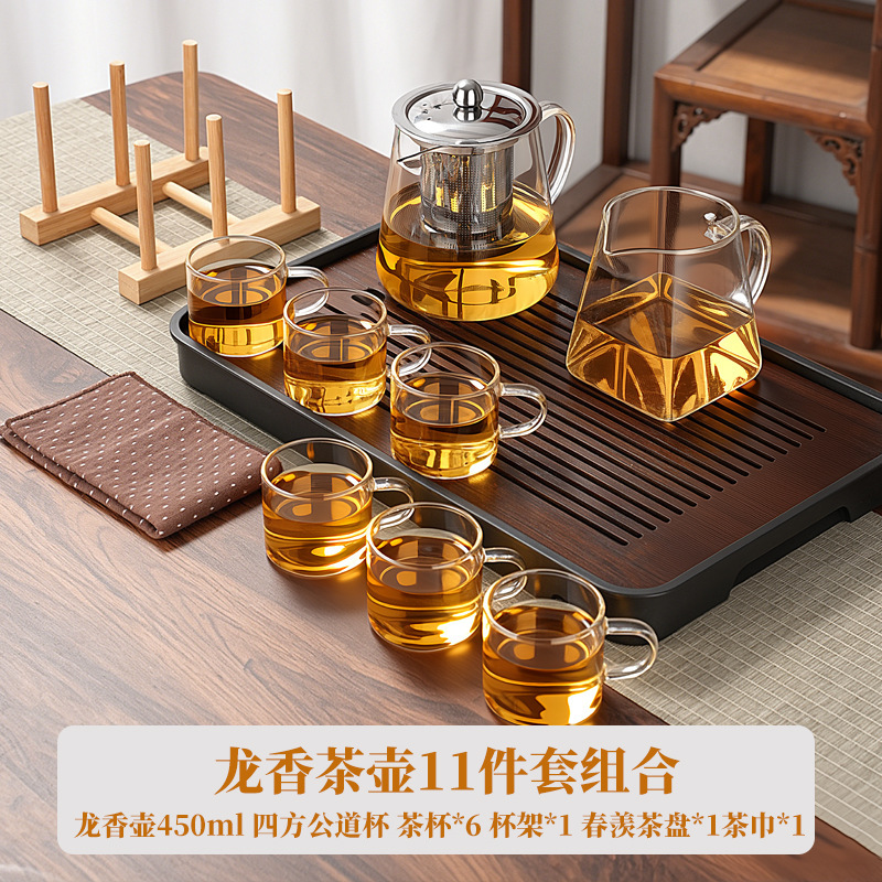 High borosilicate glass tea set with tea tray, teapot, fair cup, and teacups for home use in the living room, complete kung fu tea set High borosilicate glass tea set with tea tray, teapot, fair cup, and teacups for home use in the living room, complete kung fu tea set