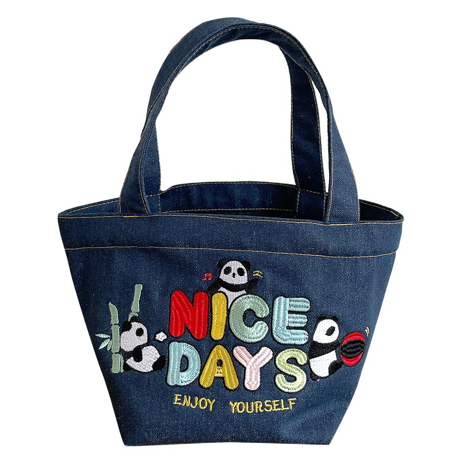 Lindo bolso de mano de mezclilla de dibujos animados bordado bolsa de almuerzo de moda bolso portátil cremallera bolso de la momia