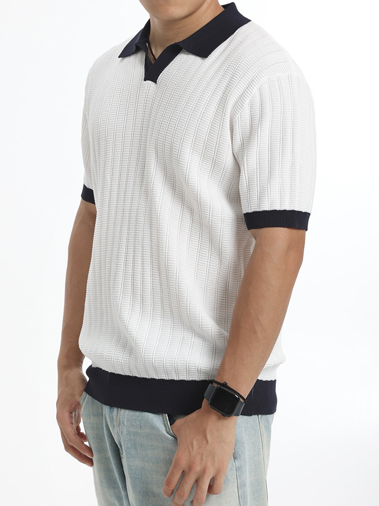 El antiguo viento de hielo de seda polo camisa de punto hombre color contrastante V-collar de negocios de verano casual camiseta de manga corta camiseta superior