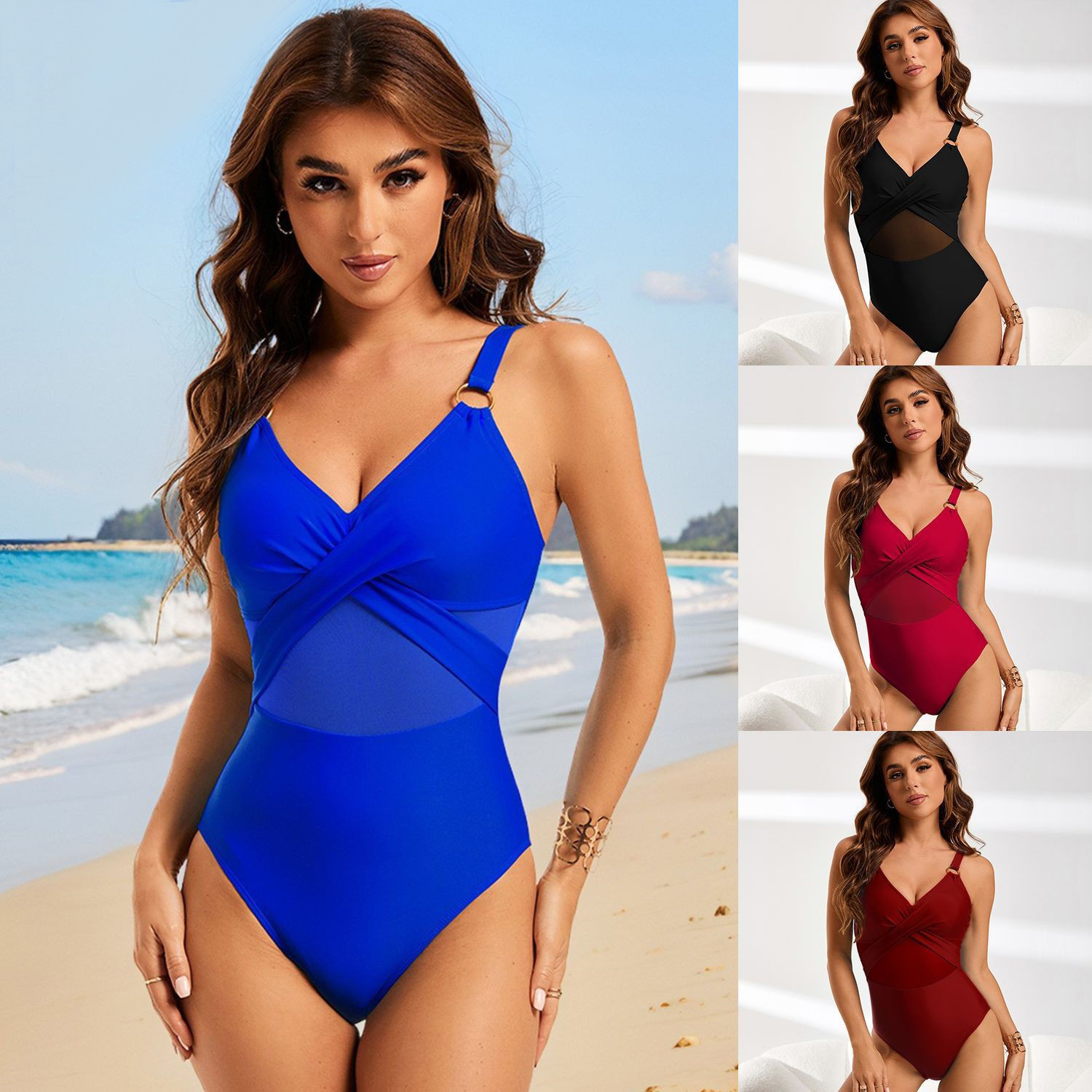 Europa y los Estados Unidos Amazon atractivo transfronterizo agujero trajes de baño de malla de color sólido para mujeres bikini sexy bikini