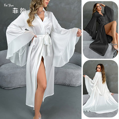 クロスボーダーの新しいサテンのパジャマの女性の長袖のハスの葉の辺のシフォンは寝衣のバスローブの部屋の服の女性の801をつなぎ合わせます。