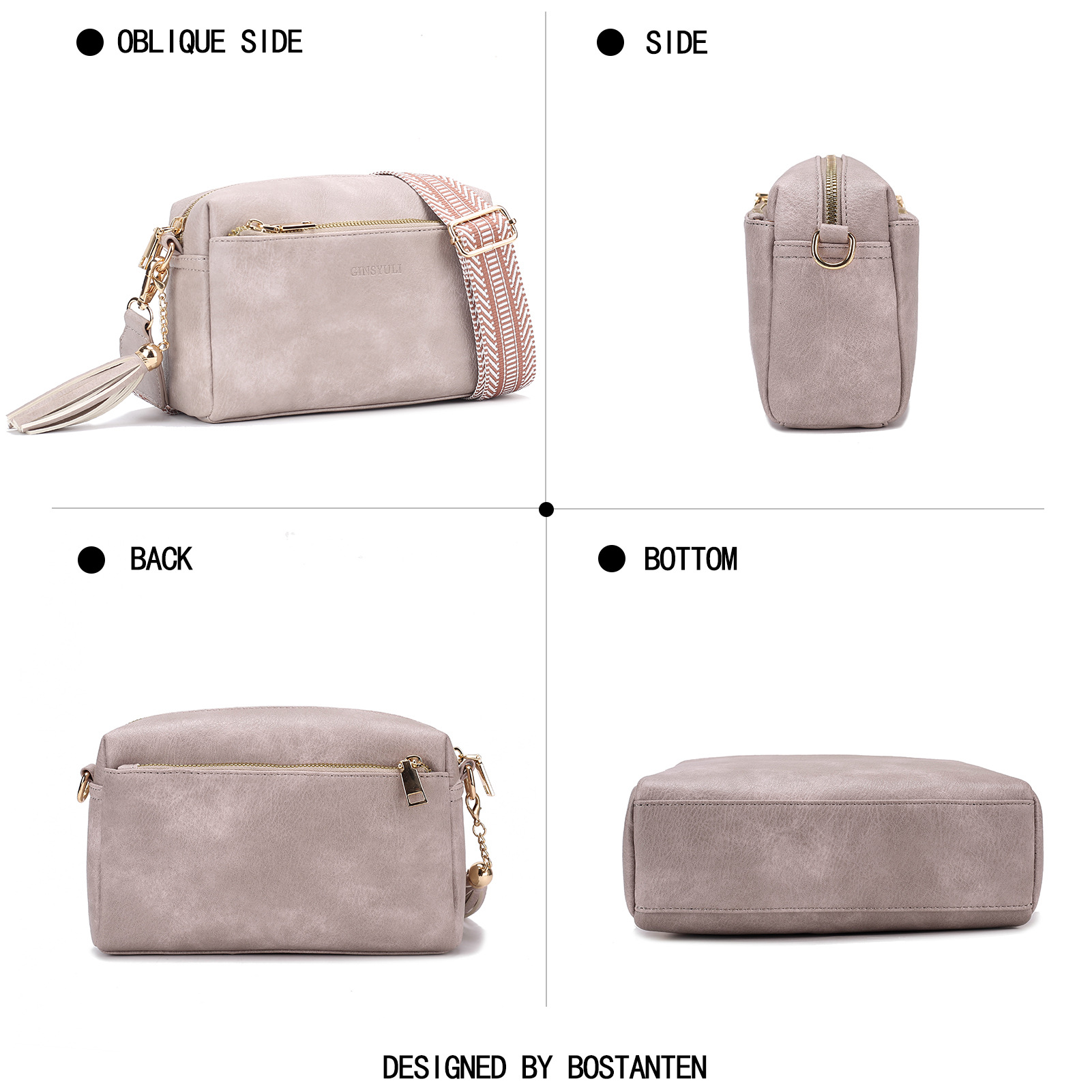 New Women's Crossbody Three Zipper Mobile Phone Leather Handbag Guitar Strap Shoulder Bag_voghion.com