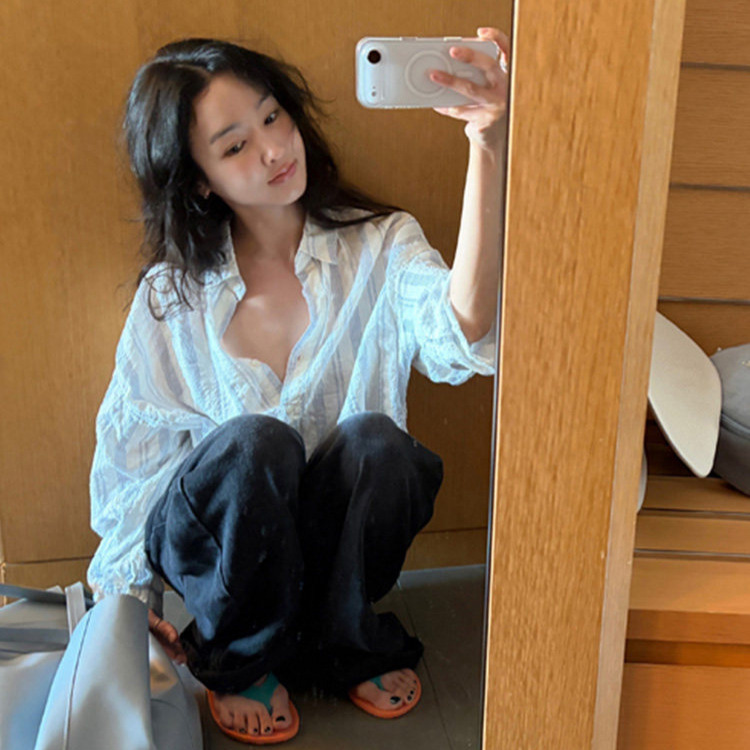 Now Available: Korean Designer Baby-Chan's Same Style Natural Texture Sheer Blue Striped Shirt, Korean-Style Women's Loose Top Now Available: Korean Designer Baby-Chan's Same Style Natural Texture Sheer Blue Striped Shirt, Korean-Style Women's Loose Top