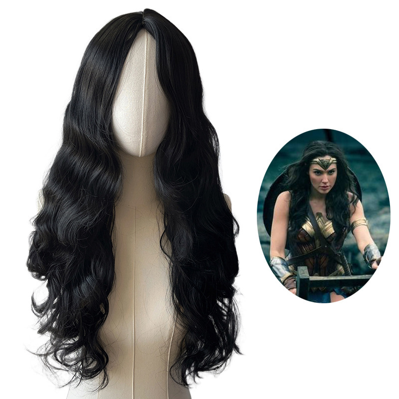 Wonder Woman Diana Prince Cosplay Wig Female Black Middle-Parted Long Curly Hair Anime Cosplay Wig
