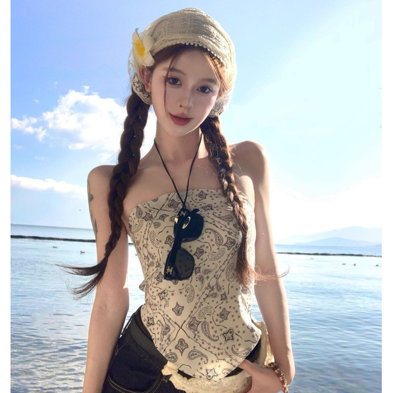 Retro American Style Irregular Waist Slimming Tube Top Design Summer Sexy Hot Girl Versatile Short Strappy Vest for Women