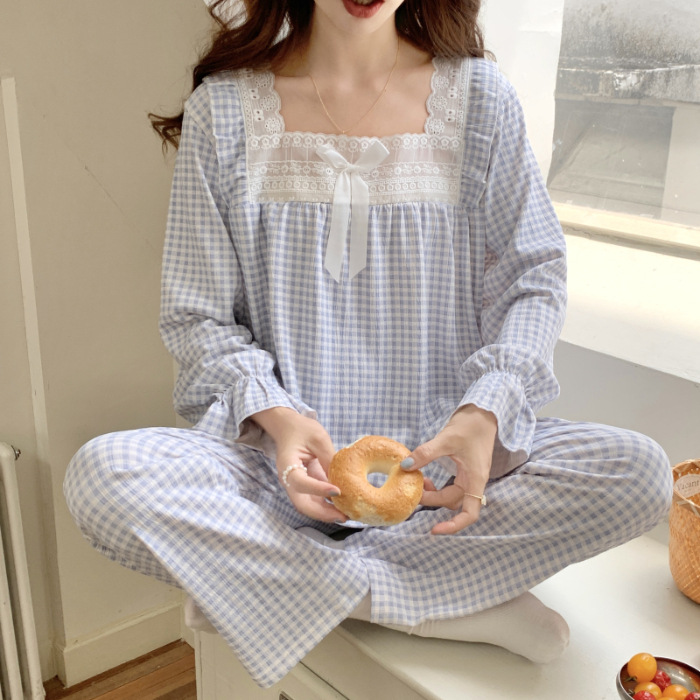 Estilo japonés Rosa Plaid pijamas para las mujeres primavera y otoño dulce princesa estilo manga larga más tamaño grasa M homewear
