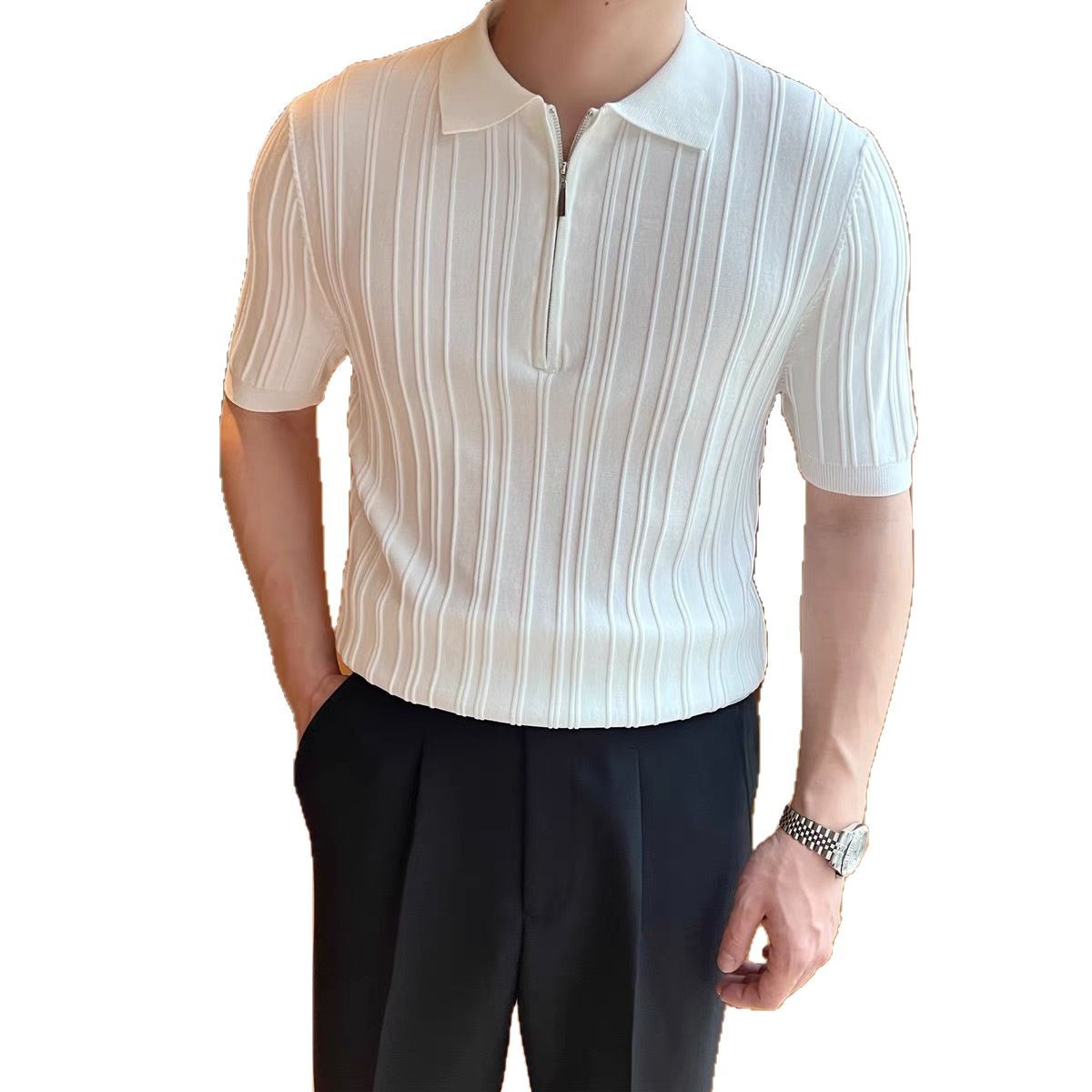 Verano nuevo polo de punto con cremallera para hombres de alta calidad de mangas cortas delgado retro americano camiseta de viaje ligera