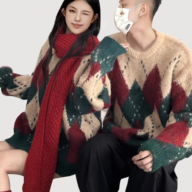 American Style Retro Rhombic Christmas Sweater Men's Autumn and Winter Loose Lazy Style Knitted Sweater Design Sense Thickened Western Style Top