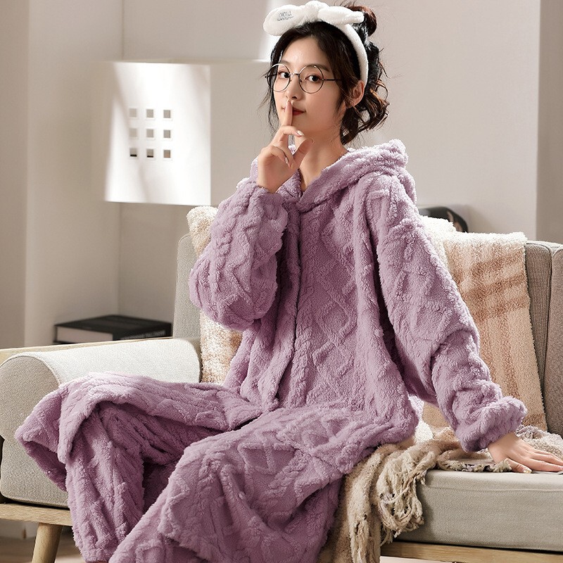 Factory Pajamas Women's New Flannel Thickened Long Jacquard Cotton Velvet plus size Hooded Home Clothes suit