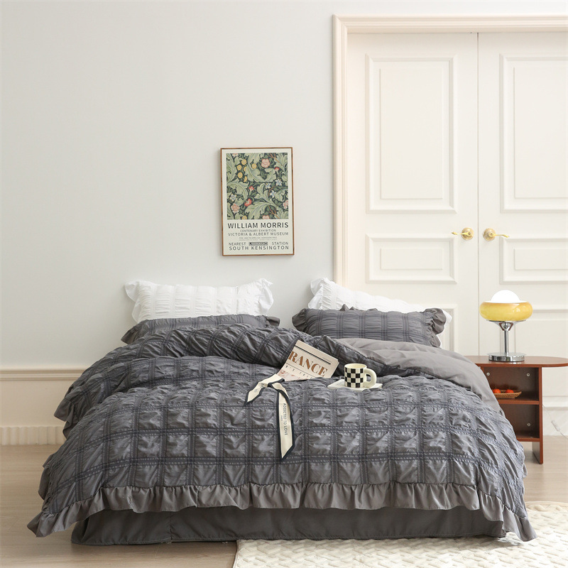 跨境夏季爆款华夫格泡泡纱花边夏被四件套床品纯色胖被套床单批发