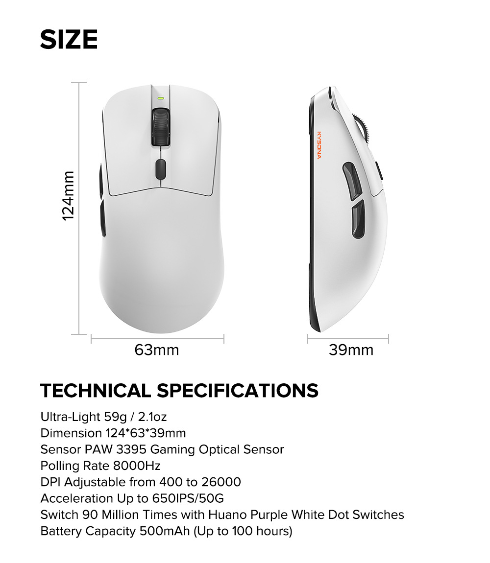 Carefully Selected KYSONA M617 Gaming Mouse Lightweight 8K Return Rate Professional E-sports PAW3395_voghion.com