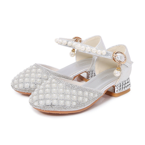 Children's High Heel Performance Shoes for Girls, Silver Princess Shoes for Little Girls, Walking Show Performance Shoes, White Crystal Shoes, Formal Dress Shoes