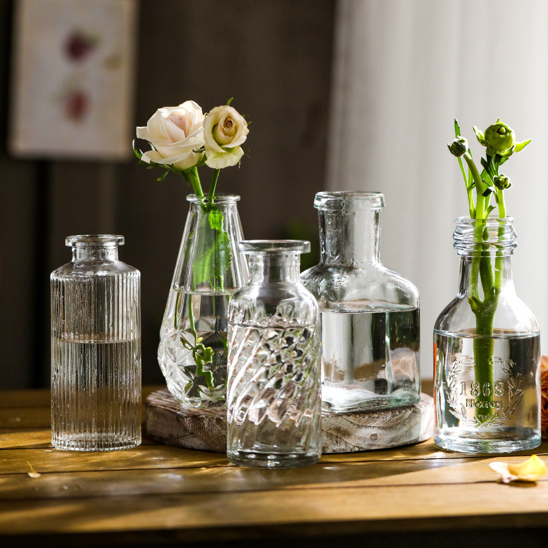 New Small Glass Transparent Vase Vintage Embossed Small Mouth Vase Flowers Dried Flowers Decorative Crafts Ornaments
