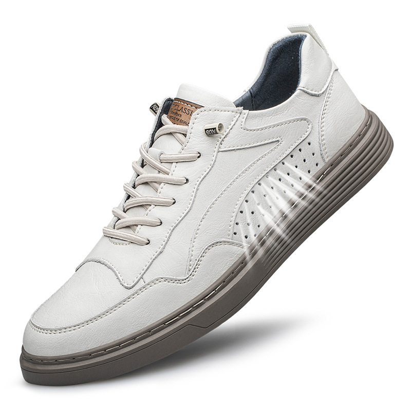Otoño verano hombres zapatos de punta redonda superficie de piel de vaca transpirable nueva perforación casual zapatos blancos bajo la zapatilla de deporte superior