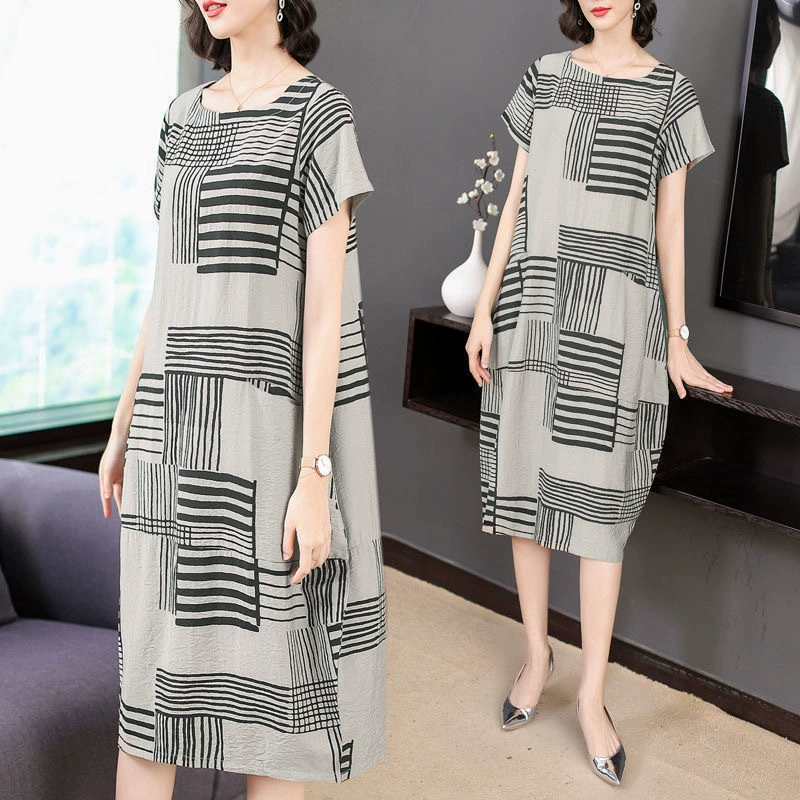 Летнее платье для матери с принтом, женское свободное платье-трапеция средней длины с круглым вырезом для полных девочек больших размеров для среднего и пожилого возраста
