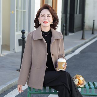 妈妈装仿双面呢短款外套女秋装中老年女西装领高档毛呢格子开衫|undefined