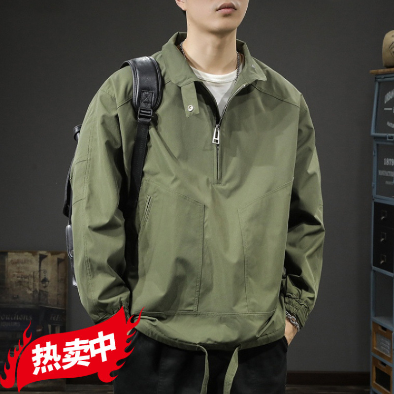 Half Zip Jacket Jacket Men's Loose plus size Simple Mountain Design Sense Thickened Trendy Casual All-match Top Clothes
