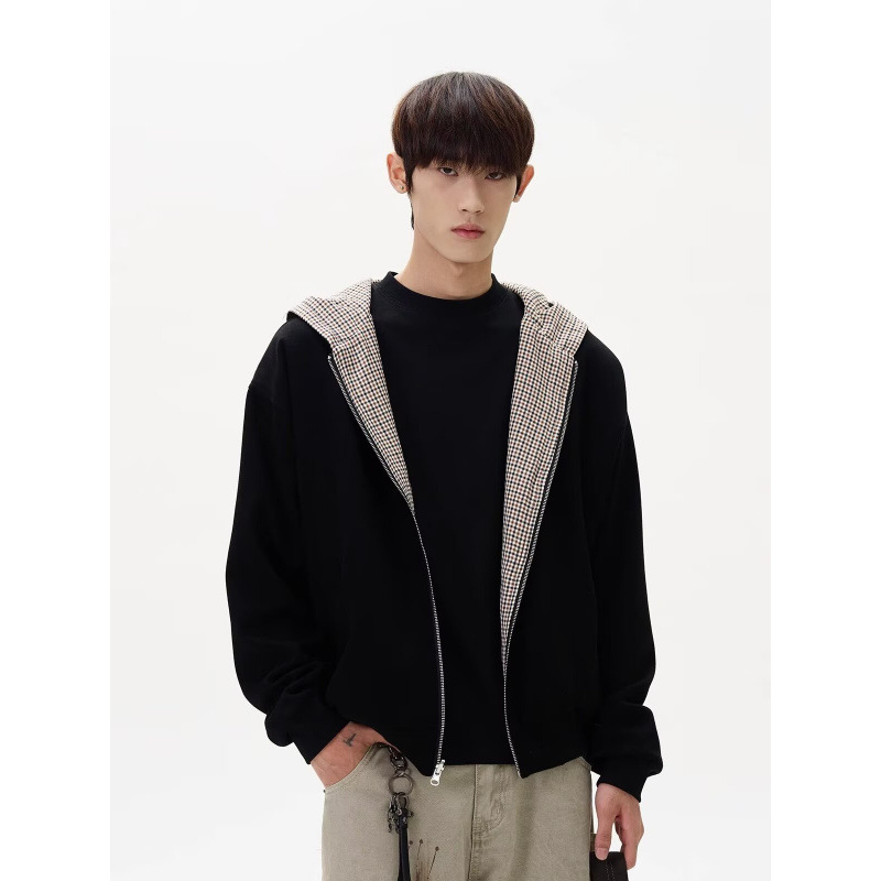 Cross-border Explosions Double-sided Wear Houndstooth Zipper Hooded Sweater Jacket for Men and Women Autumn and Winter Loose Vintage Hoodie Top