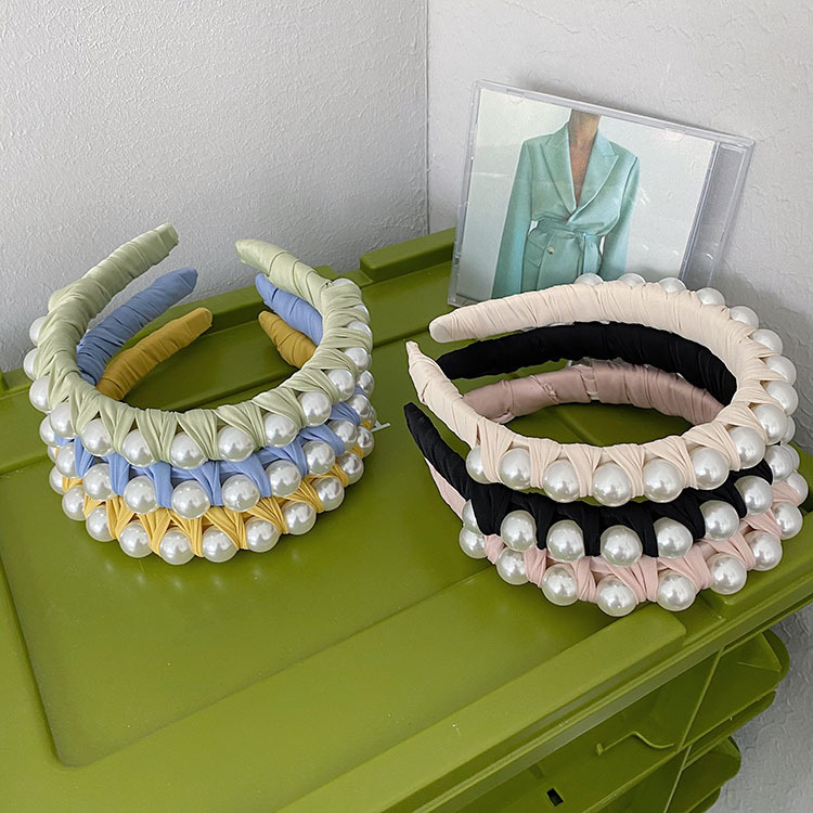 130g Weight Headwear Classification Housewarming, Anniversary, Business, Wedding, Travel, Birthday, Festival Occasion Plaid, Waves Pattern Women'S Gender Fashion Style Beige, Pink, Green, Blue, Yellow, Black Color Korean Winding Pearl Woven Headband Wholesale 8