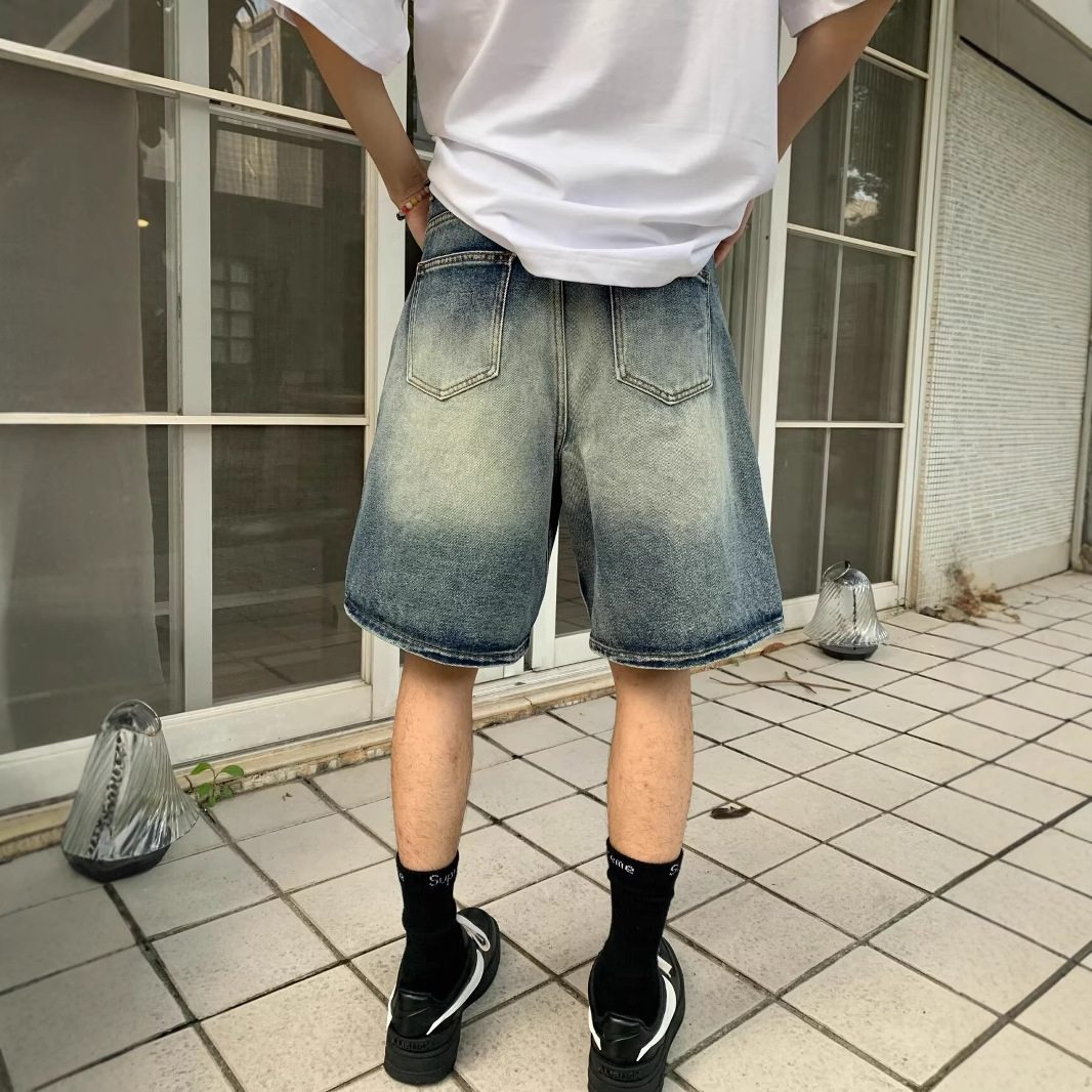 Unisex American Vintage Washed Distressed Denim Shorts, Casual Simple Loose Straight 5 Inch Street Trendy Classic Five Pocket Jeans Shorts For Men And_mkmklike.com
