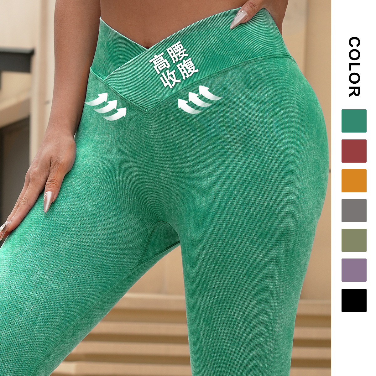 Cross-border sin costura lavado arena cintura alta cintura cruzada leggings mel mel桃 elevación de cadera esmaltado fitness yoga pantalones de nueve puntos