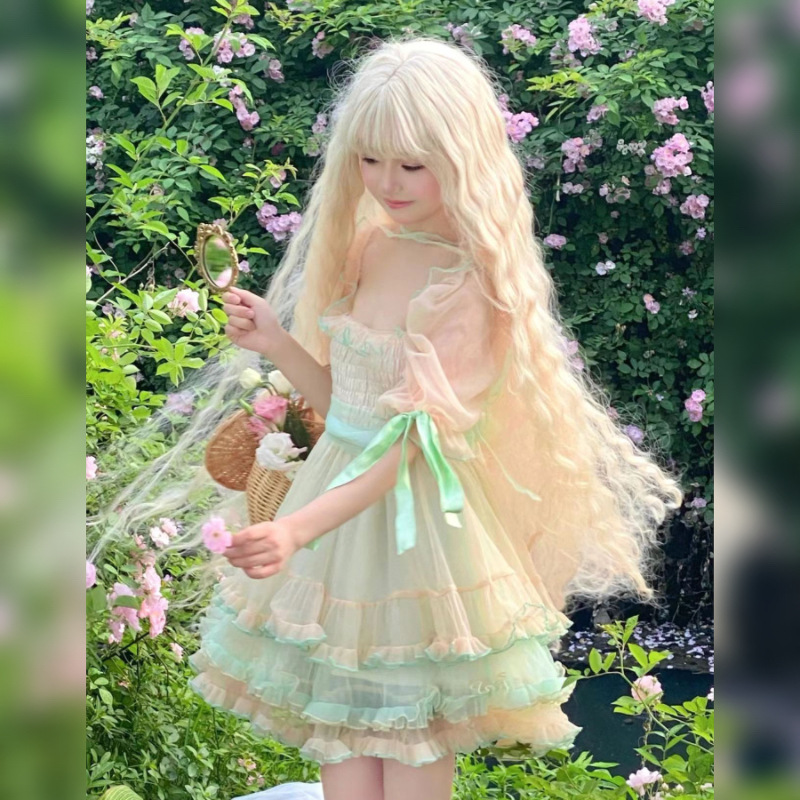 Morikawa capelli ricci lunghi 1 metro, parrucca oro chiaro, set completo per la testa, lolita femminile, motivo a increspature dell'acqua, studio, Mao Niang_voghion.com