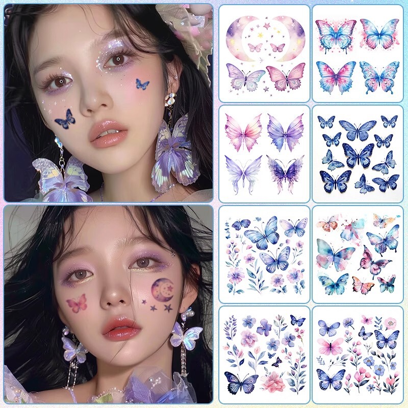 Butterfly Tattoo Stickers for Children, Eyebrow Stickers, Forehead and Face Face Painting Stickers for Girls, Non-Toxic and Washable Eye Corner Stickers
