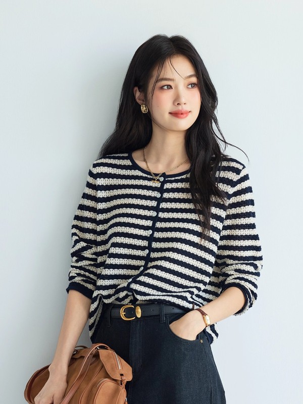 伊*L条纹开衫百搭职场镂空显瘦花边针织衫2025秋新款女1G8932331|undefined