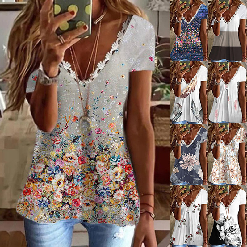 Summer 2024 Amazon Independent Station Feather Print Imitation Cotton V-Neck Zhuocai Short-Sleeved Top Lace T-Shirt