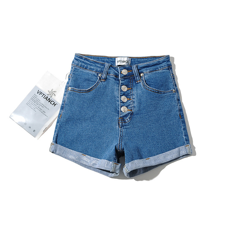 辣妹夏季四色4粒扣高腰彈力短褲包臀卷邊時尚沙灘褲熱褲