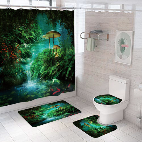 Bathroom Curtain Polyester Waterproof Shower Curtain Set 3D Printed Mountain Water Shower Curtain Bathroom Partition Bathroom Four-piece Set