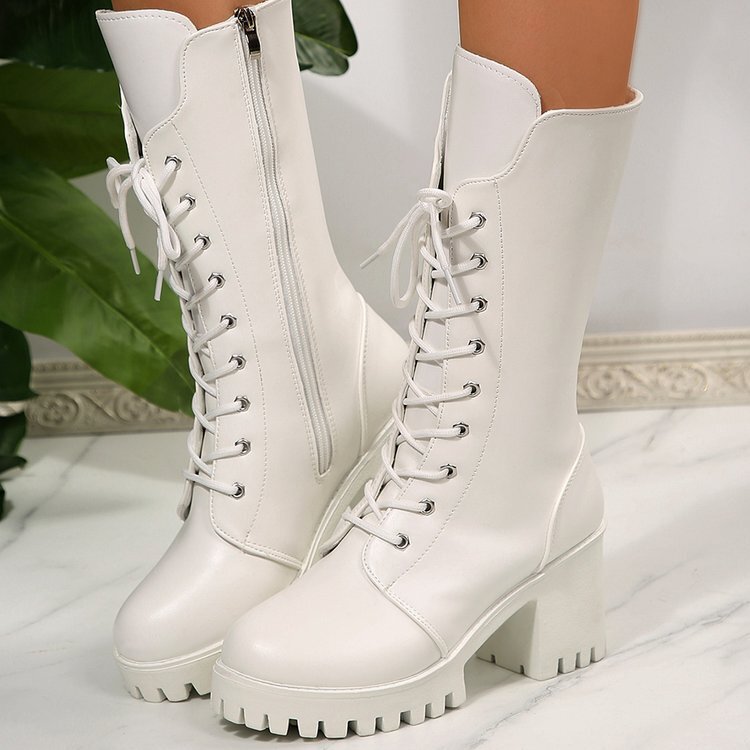Plus-Size Women's Boots for Cosplay, Stage Performance, British-Style Knight Boots, White Lace-Up, Knee-High Martin Boots Plus-Size Women's Boots for Cosplay, Stage Performance, British-Style Knight Boots, White Lace-Up, Knee-High Martin Boots