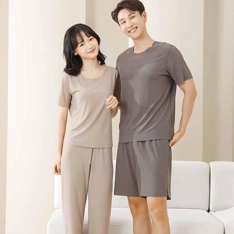 夏季情侣冰丝家居服睡衣男士短裤睡衣男女套装薄款圆领女休闲外穿