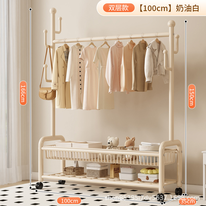 100cm 크림 화이트 더블 레이어 메쉬 바구니丨6 후크 + 금속 캐스터 휠