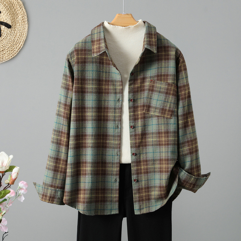『Xinxing』 New Style Real Shot Chic Party Micro-Washed Hong Kong Style Vintage Yarn-Dyed Plaid Shirt Blouse for Women