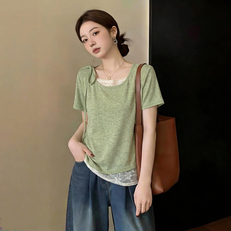 Áo thun tay ngắn nữ thiết kế ren nối giả hai lớp, phong cách Pháp thanh lịch — màu tím chi tiết 3