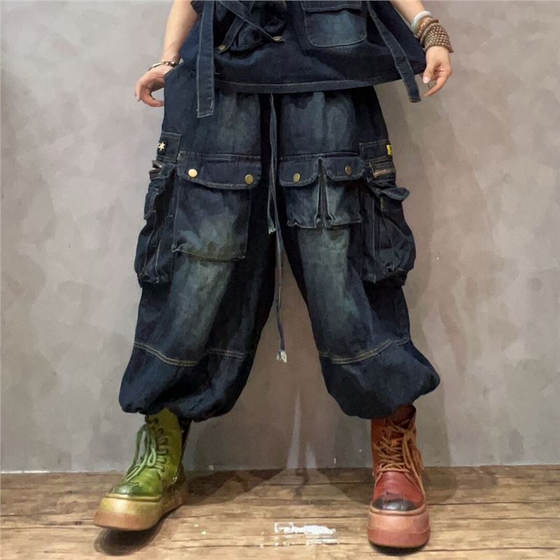 Personalidad de moda cool chaleco de calles sin mangas de bolsillo vaqueros pantalones de trabajo sueltos ociosos grandes set de moda image 9