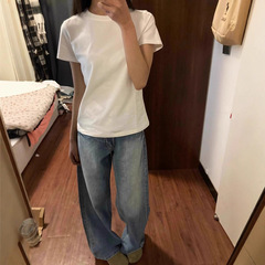 2025 夏 フロントショルダー ピュアコットン ホワイト Tシャツ レディース 220g ヘビーウェイト 半袖 ベーシック シンプル 大きいサイズ ルーズ トップス